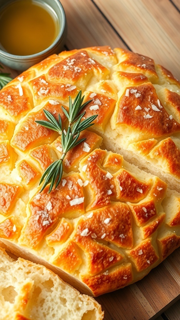 Ninja Foodi Focaccia Bread Recipe Golden brown focaccia bread topped with rosemary and sea salt, sliced and served with olive oil.